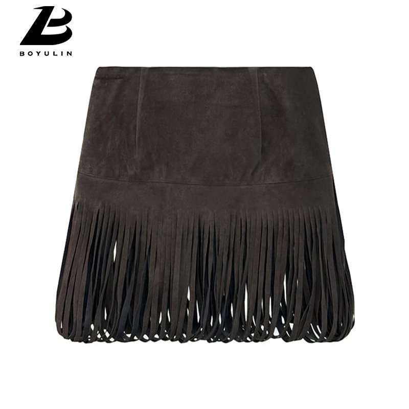Elegant resort-style women's skirt with tassel design in suede A-line cut polyester